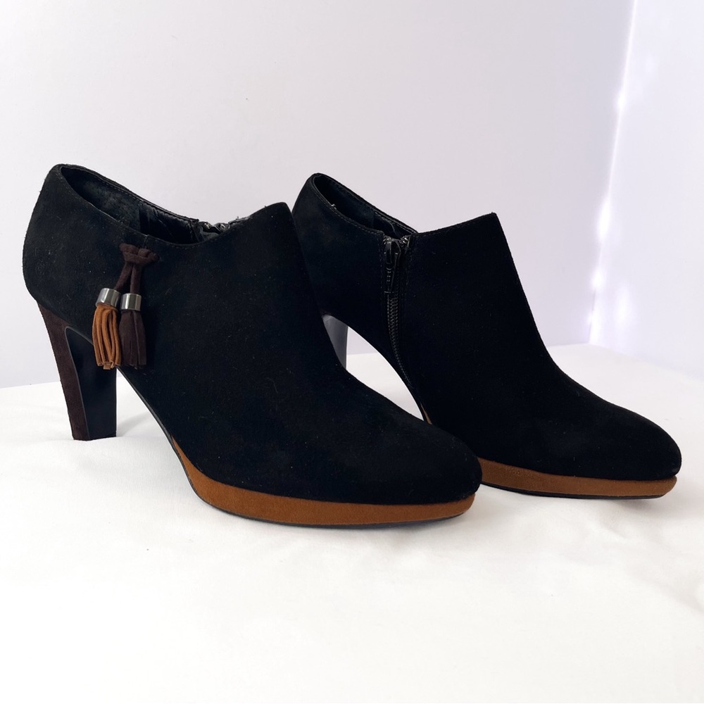 VanEli Heeled Ankle Boots Platform Pumps Black Suede Brown Tassels 7.5 Western
